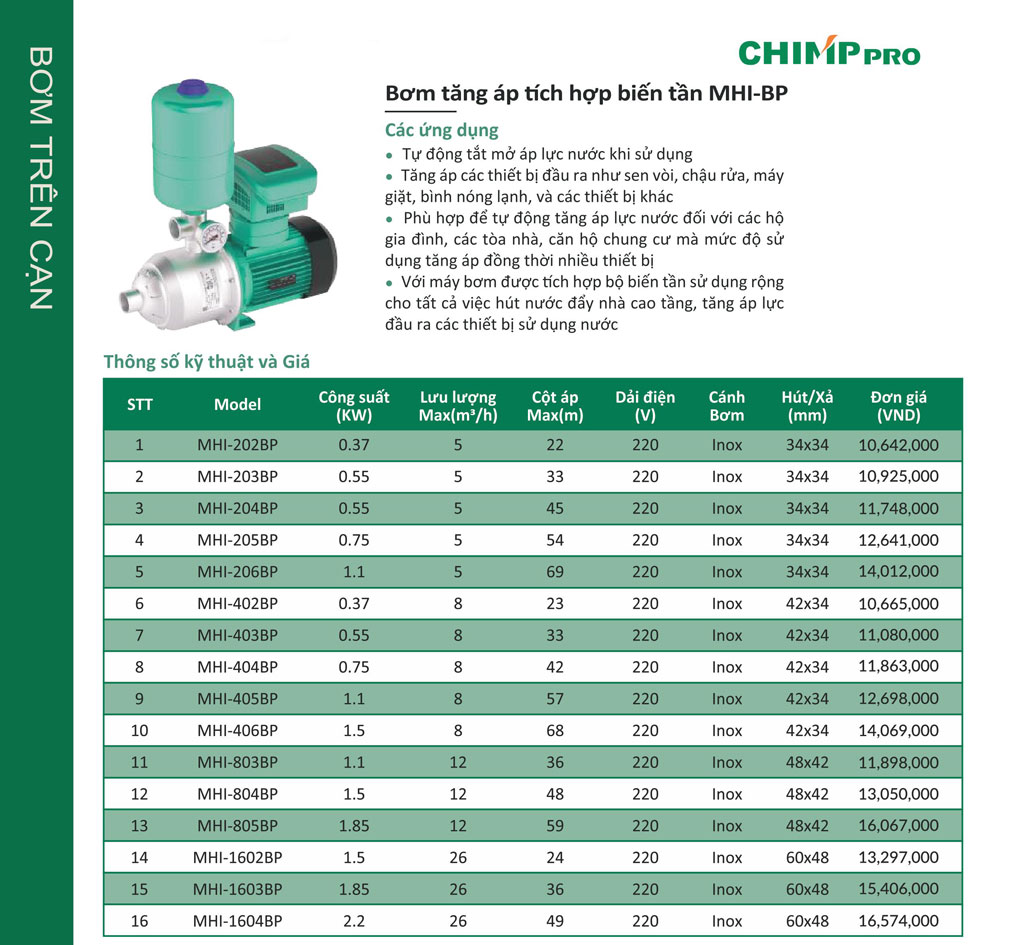 M&aacute;y bơm tăng &aacute;p biến tần MHi Chimppro