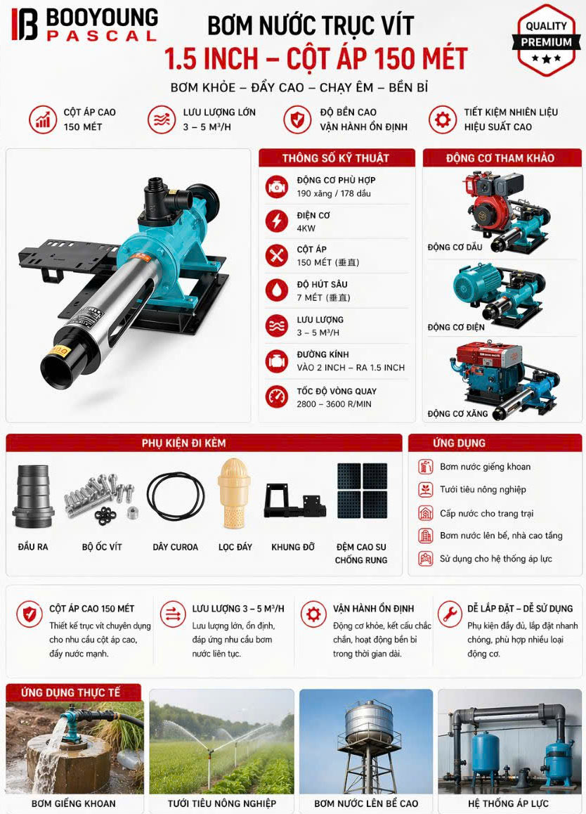 máy bơm trục vít 1.5 inh 150m