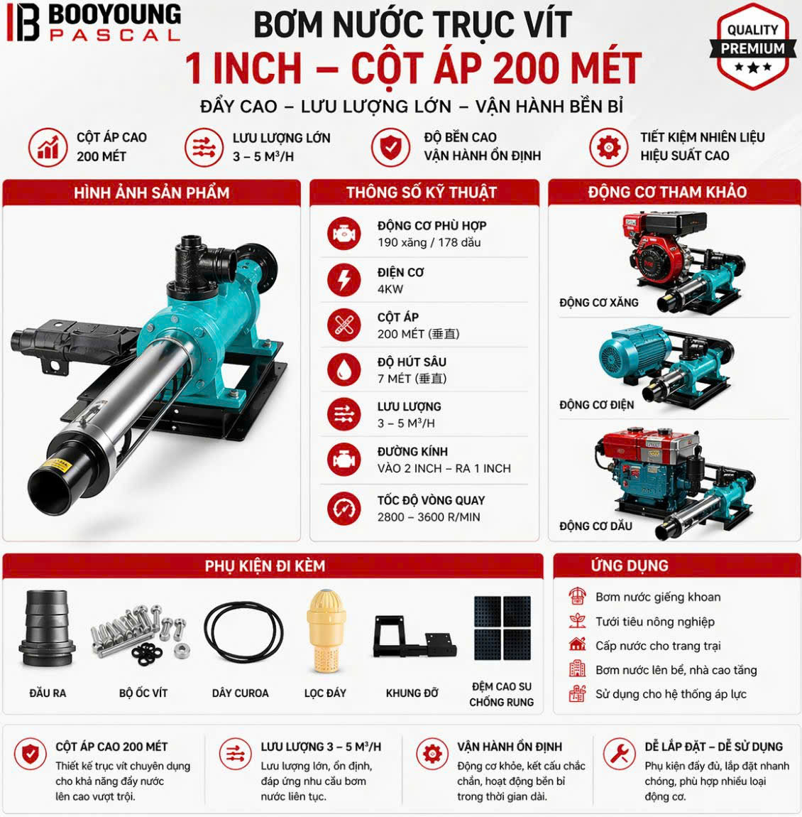 máy bơm nước trục vít 1 inch 200m