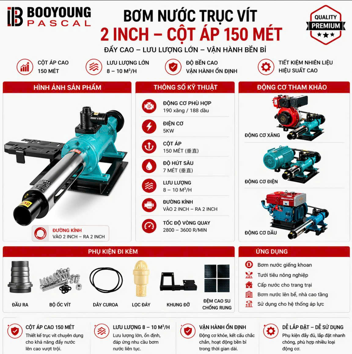 máy bơm nước trục vít 2 inch 150m