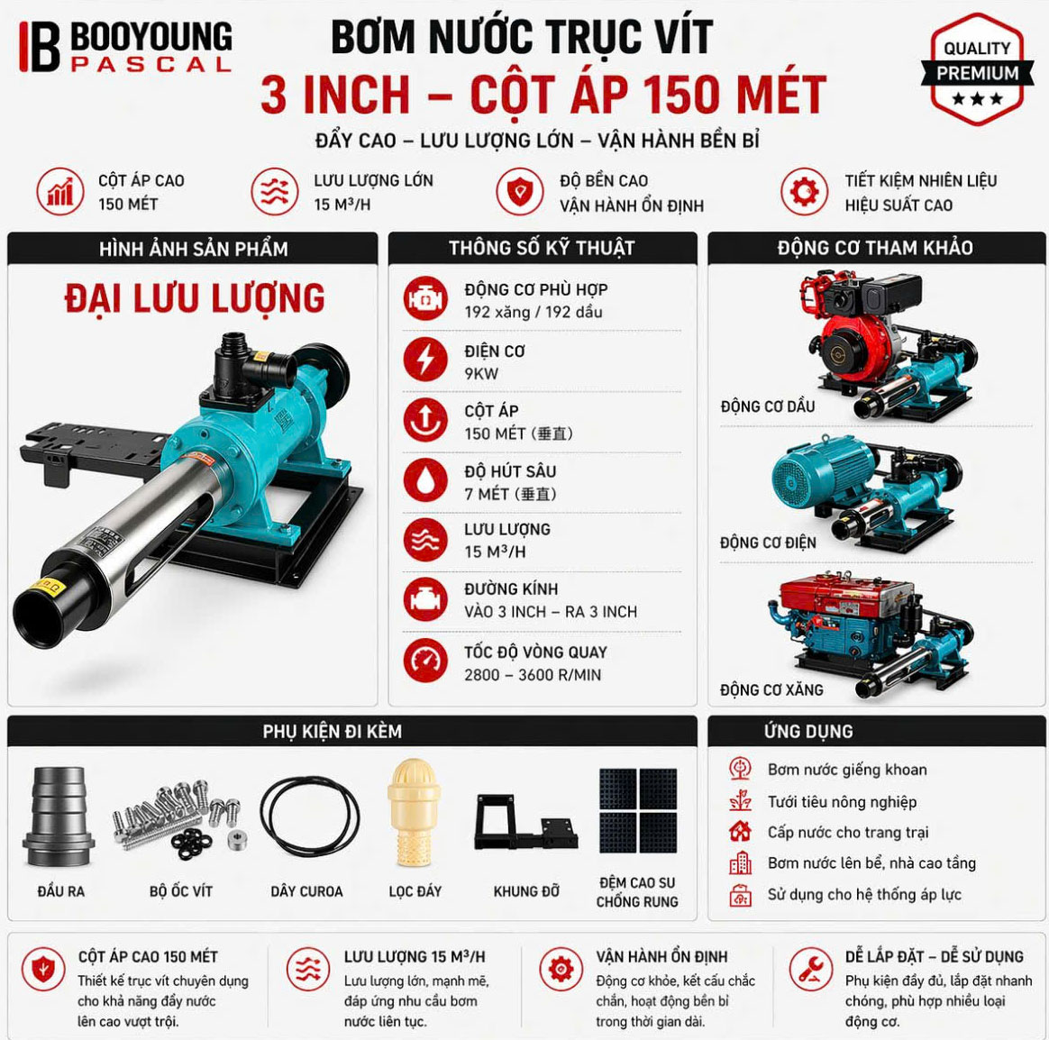 máy bơm nước trục vít 3 inch 150m
