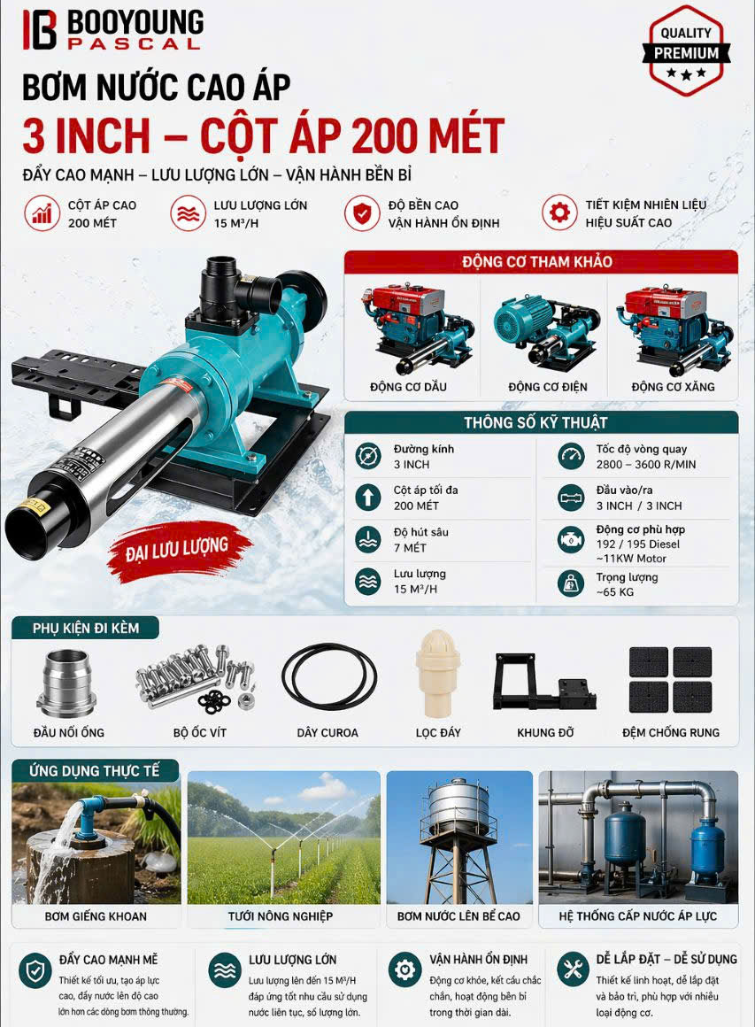 máy bơm nước trục vít 3 inch 200 mét